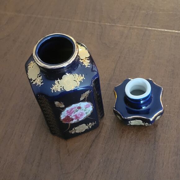 Vintage Limoges France Cobalt Blue Porcelain Jar 6” Tall Gold Gilt - Picture 3 of 13